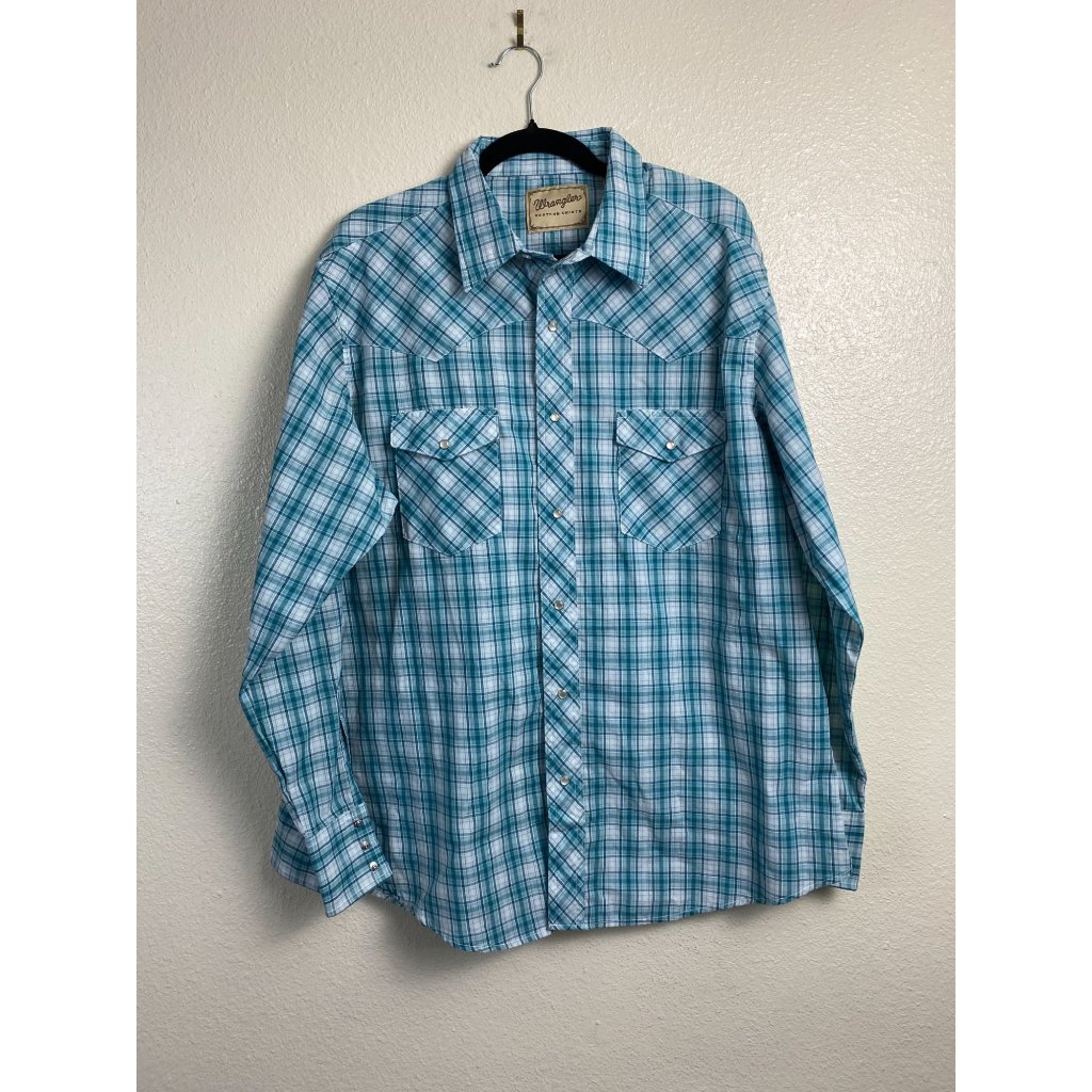 Wrangler Western Pearl Snap Long Sleeve Shirt Men Size Xl Plaid Blue Cowboy